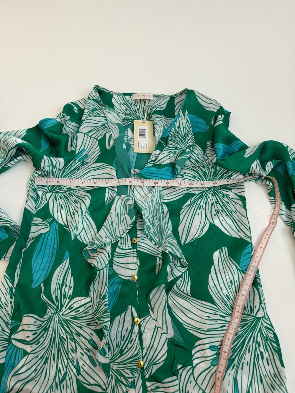 NWT Ramy Brook Savanna Lily Print Ruffle Button Front Blouse L Coastal $365 - Picture 2 of 5
